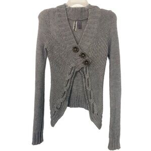 Y2K Cozy BKE Cardigan Sweater Grey Open Knit Wool Cable Knit Chain Detail Boho